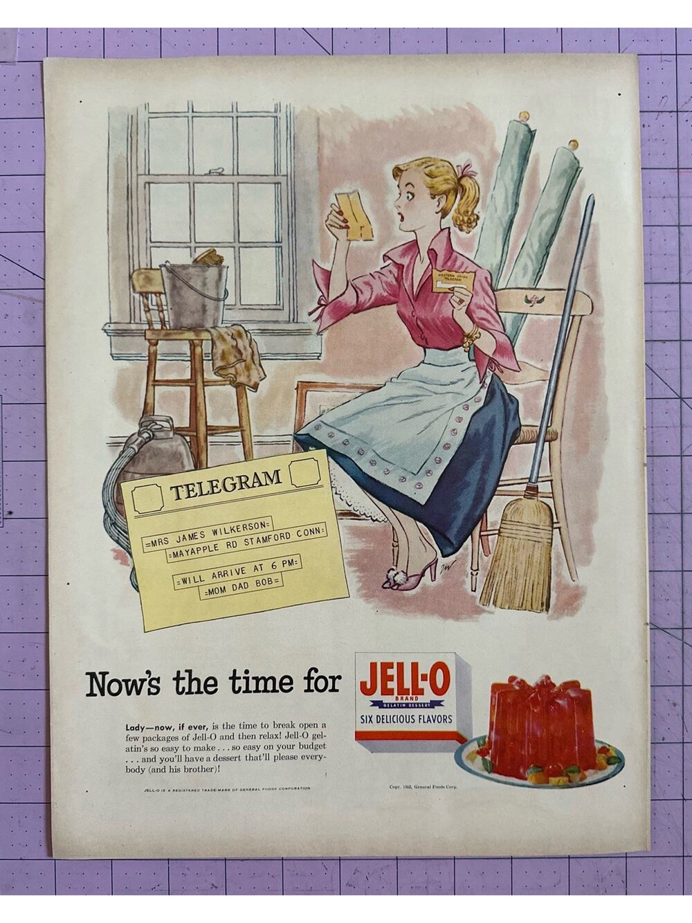1952 Vintage Original Magazine Ad Jello Jell-o Now's The Telegram From Mom & Dad